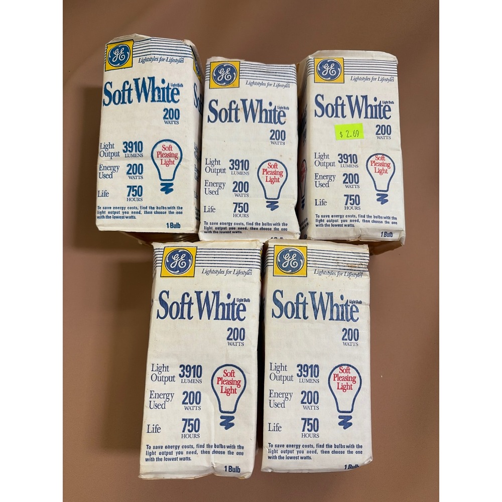 5 Pack GE Soft White 200W Light Bulbs 3910 Lumens 11585 120V NOS
